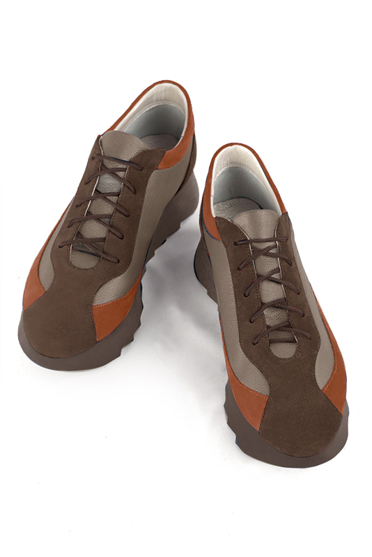 Chocolate brown, bronze gold and terracotta orange women's elegant sneakers. Round toe. Low rubber soles. Top view - Florence KOOIJMAN